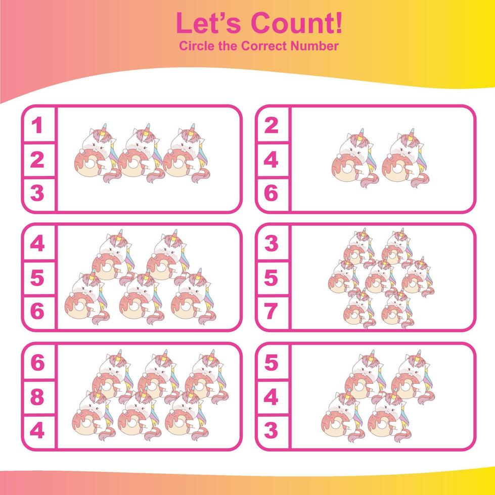 Count and Match Unicorn Game for kids. Unicorn counting game.  Math Worksheet for Preschool. Educational printable math worksheet. Vector illustration.