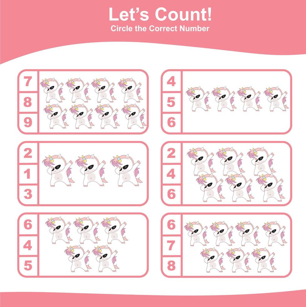 Count and Match Unicorn Game for kids. Unicorn counting game.  Math Worksheet for Preschool. Educational printable math worksheet. Vector illustration.