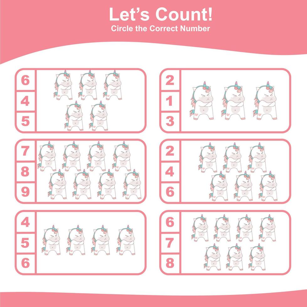 Count and Match Unicorn Game for kids. Unicorn counting game.  Math Worksheet for Preschool. Educational printable math worksheet. Vector illustration.