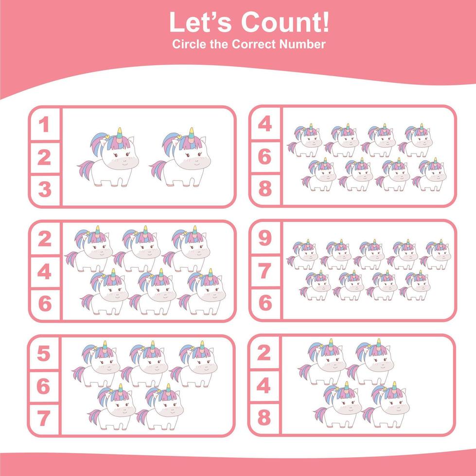 Count and Match Unicorn Game for kids. Unicorn counting game.  Math Worksheet for Preschool. Educational printable math worksheet. Vector illustration.