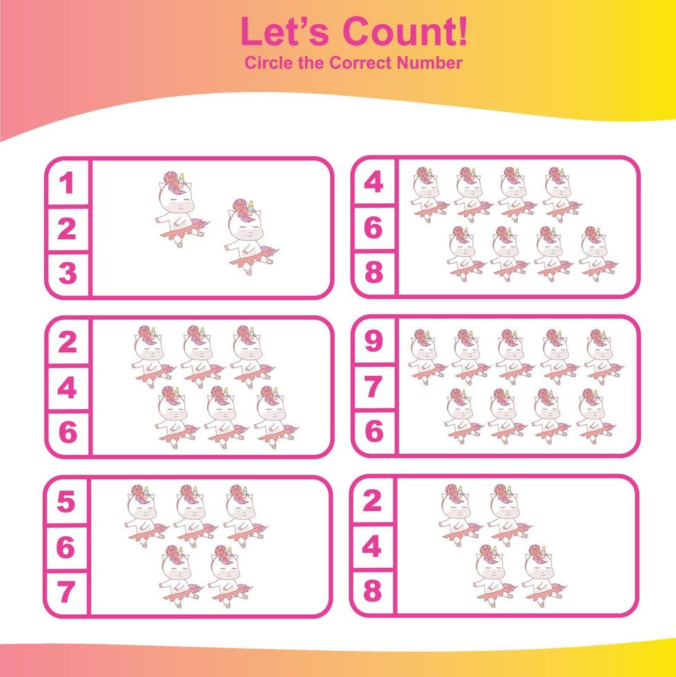 Count and Match Unicorn Game for kids. Unicorn counting game.  Math Worksheet for Preschool. Educational printable math worksheet. Vector illustration.
