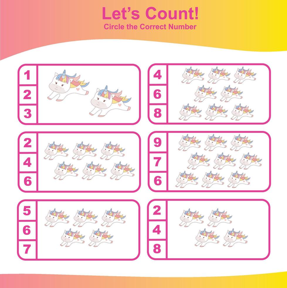 Count and Match Unicorn Game for kids. Unicorn counting game.  Math Worksheet for Preschool. Educational printable math worksheet. Vector illustration.