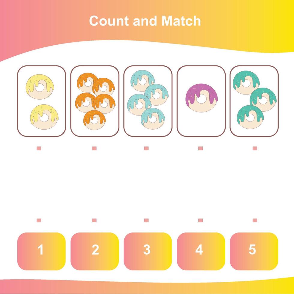 Count and Match worksheet. Counting game. Math Worksheet for children. Matching images with numbers. Educational printable math worksheet. Vector illustration.