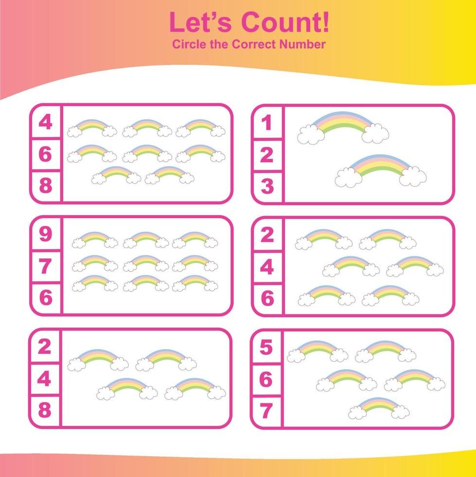 Count and Match Unicorn Game for kids. Unicorn counting game.  Math Worksheet for Preschool. Educational printable math worksheet. Vector illustration.