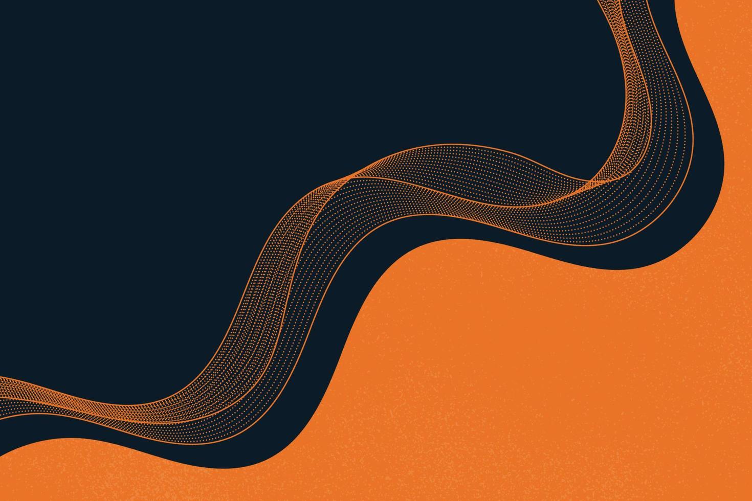 Abstract orange wavy shape with contour lines and twisted particles wave on black background 2d illustration design vector