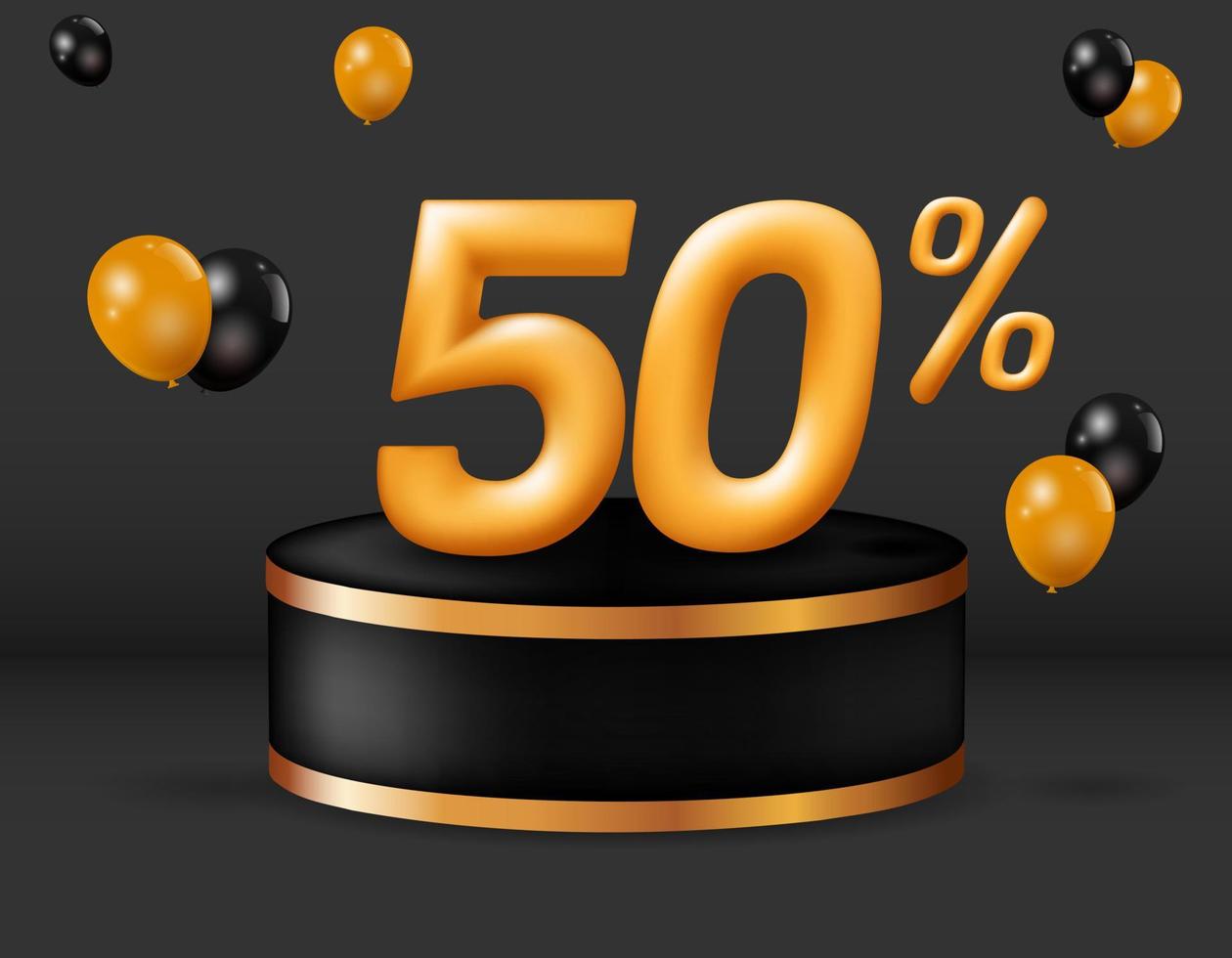 Special sale 50 percent off. realistic golden 3d number with podium decoration and balloons isolated on white background. vector illustration