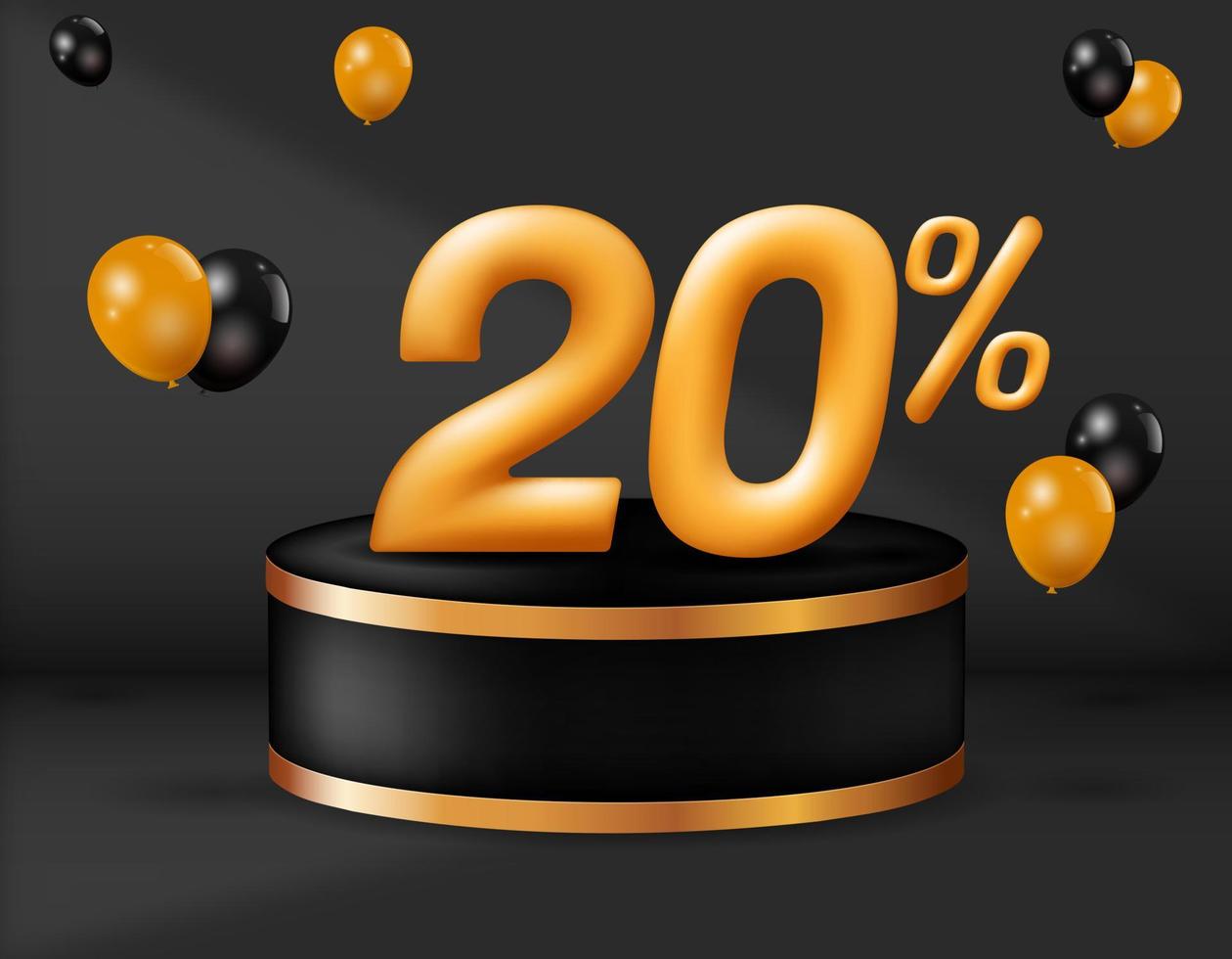 Special sale 20 percent off. realistic golden 3d number with podium decoration and balloons isolated on white background. vector illustration