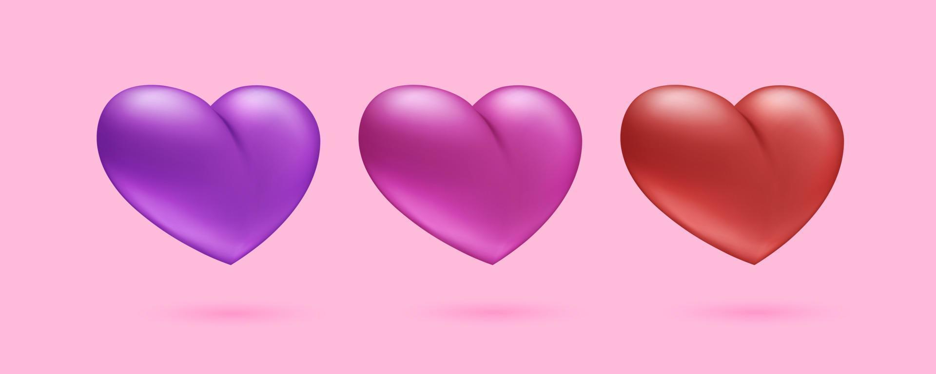 conjuntos de corazón 3d. colección de símbolos de amor realistas. elemento de diseño de ilustración vectorial. vector