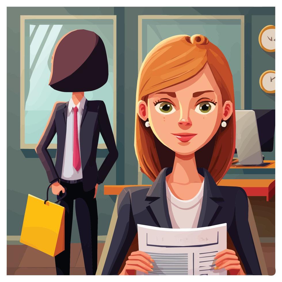 business woman in office reading newspaper flat illustration vector