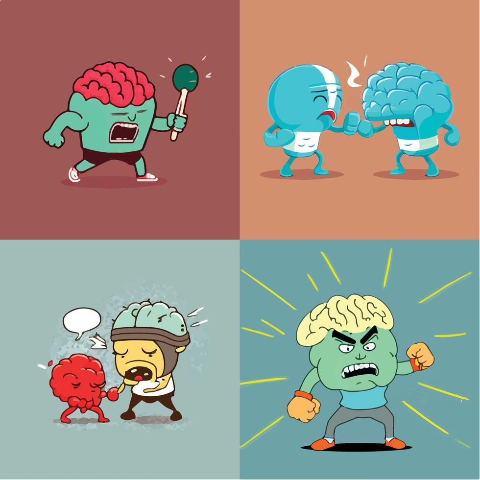 conjunto de divertidos monstruos de dibujos animados, dibujos animados con carácter cerebral conceptos conceptuales divertidos enojados ilustración vectorial. vector