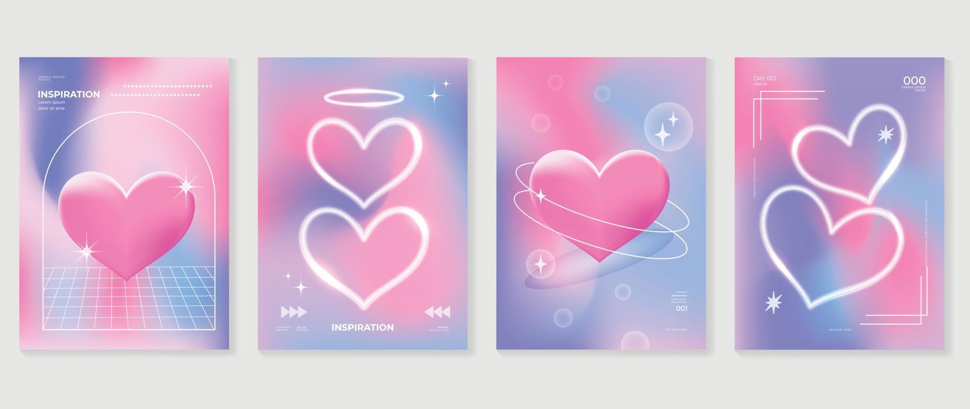 conjunto de vector de cubierta de plantilla de estilo degradado abstracto y2k. feliz día de san valentín decorar con un moderno corazón degradado vibrante fondo colorido y2k. diseño para tarjetas de felicitación, moda, comercial, banner.