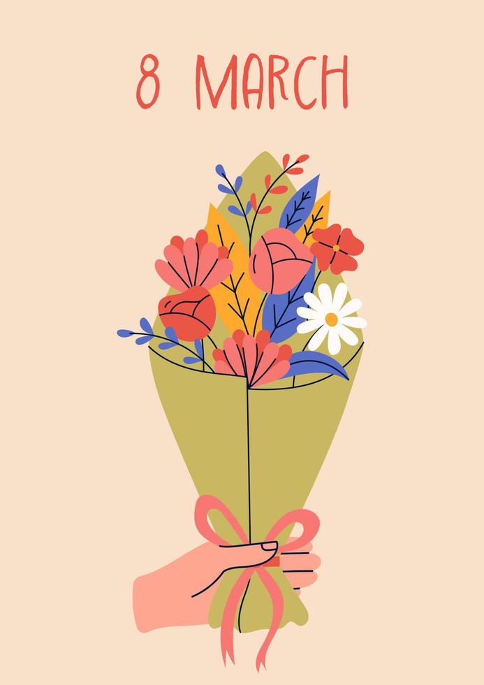 8 march, International Women's Day. Greeting card or postcard templates with bouquet of flowers for card, poster, flyer. Girl power, feminism, sisterhood concept. vector