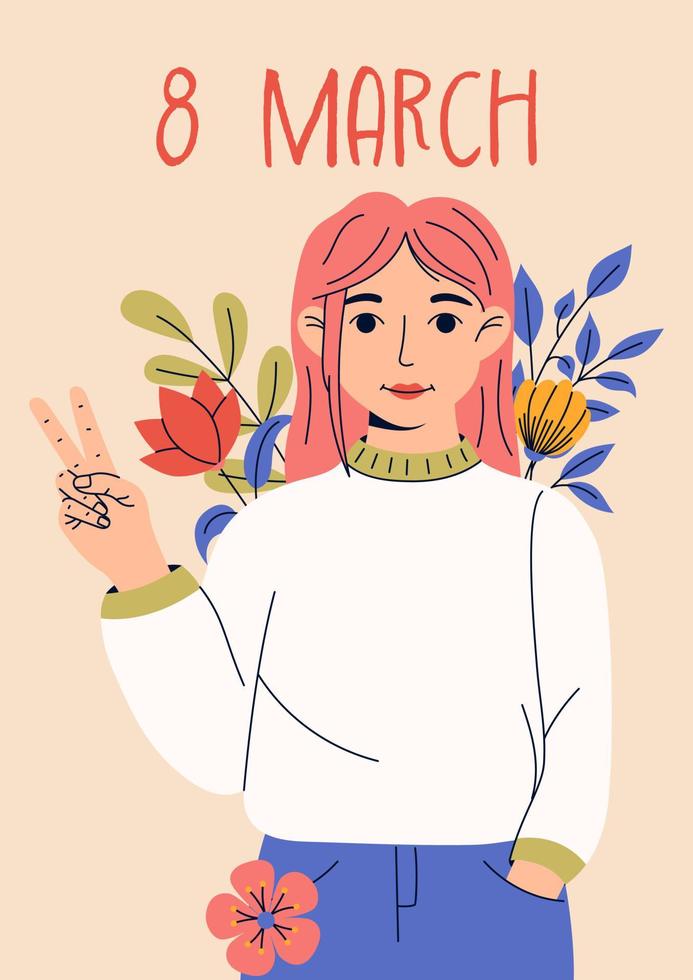 8 march, International Women's Day. Greeting card or postcard templates with young woman for card, poster, flyer. Girl power, feminism, sisterhood concept. vector