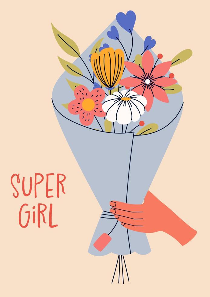 8 march, International Women's Day. Greeting card or postcard templates with bouquet of flowers for card, poster, flyer. Girl power, feminism, sisterhood concept. vector