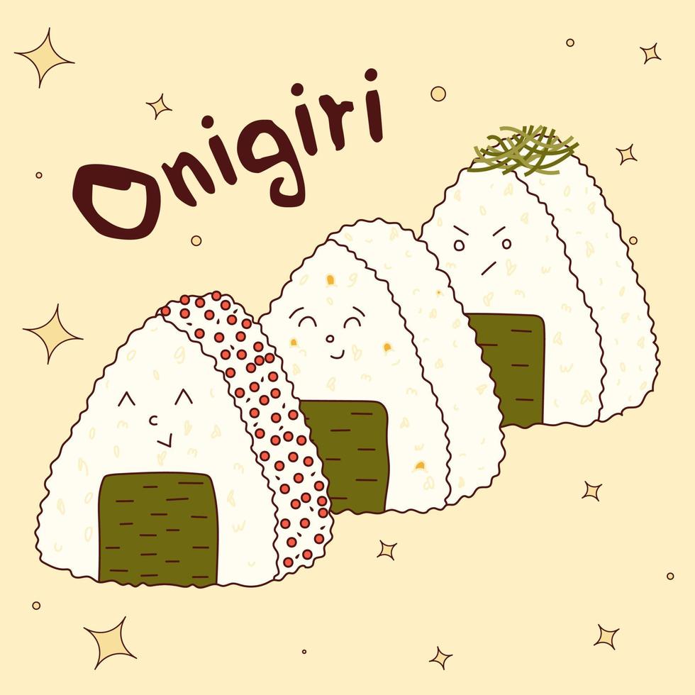 comida tradicional japonesa. onigiri lindo asiático con caras graciosas. ilustración vectorial vector