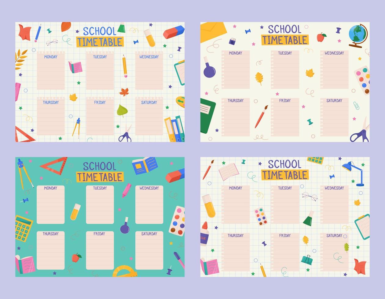 Set of cute childish school timetables, weekly classes schedule for kids with school supplies. Printable planner, diary for student. Stationery set for children. To Do List. vector