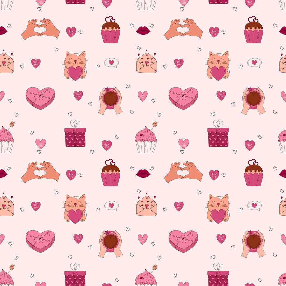 Valentine's Day Hand drawn seamless pattern. Cat, heart, cupcake, gift box, chocolate box and other elements. vector