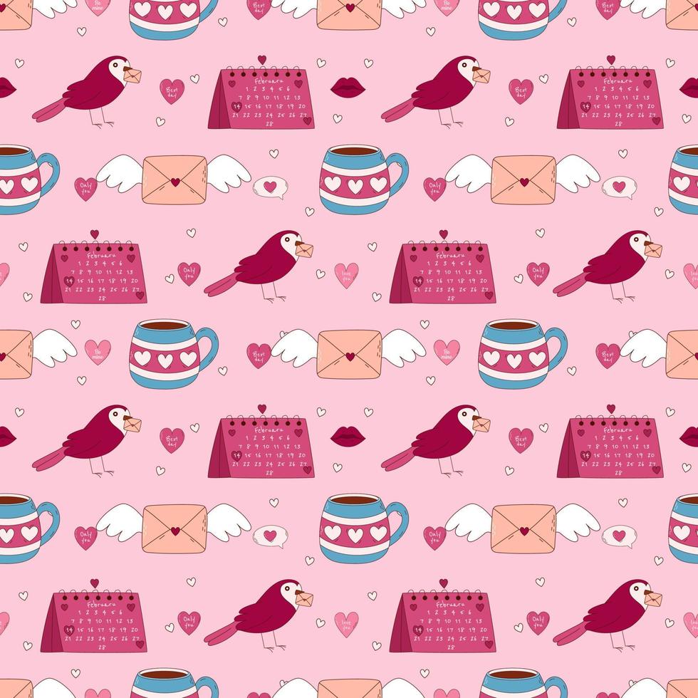 Valentine's Day Hand drawn seamless pattern. Calendar, heart, letter, mug, bird and other elements. vector