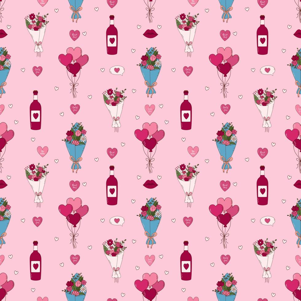 Valentine's Day Hand drawn seamless pattern. Flower, wine, ballonos, heart vector