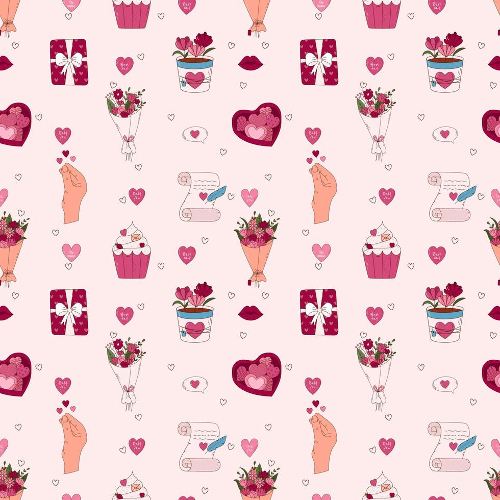 Valentine's Day Hand drawn seamless pattern. Letter, heart, cupcake, mug, puzzle and other elements. vector