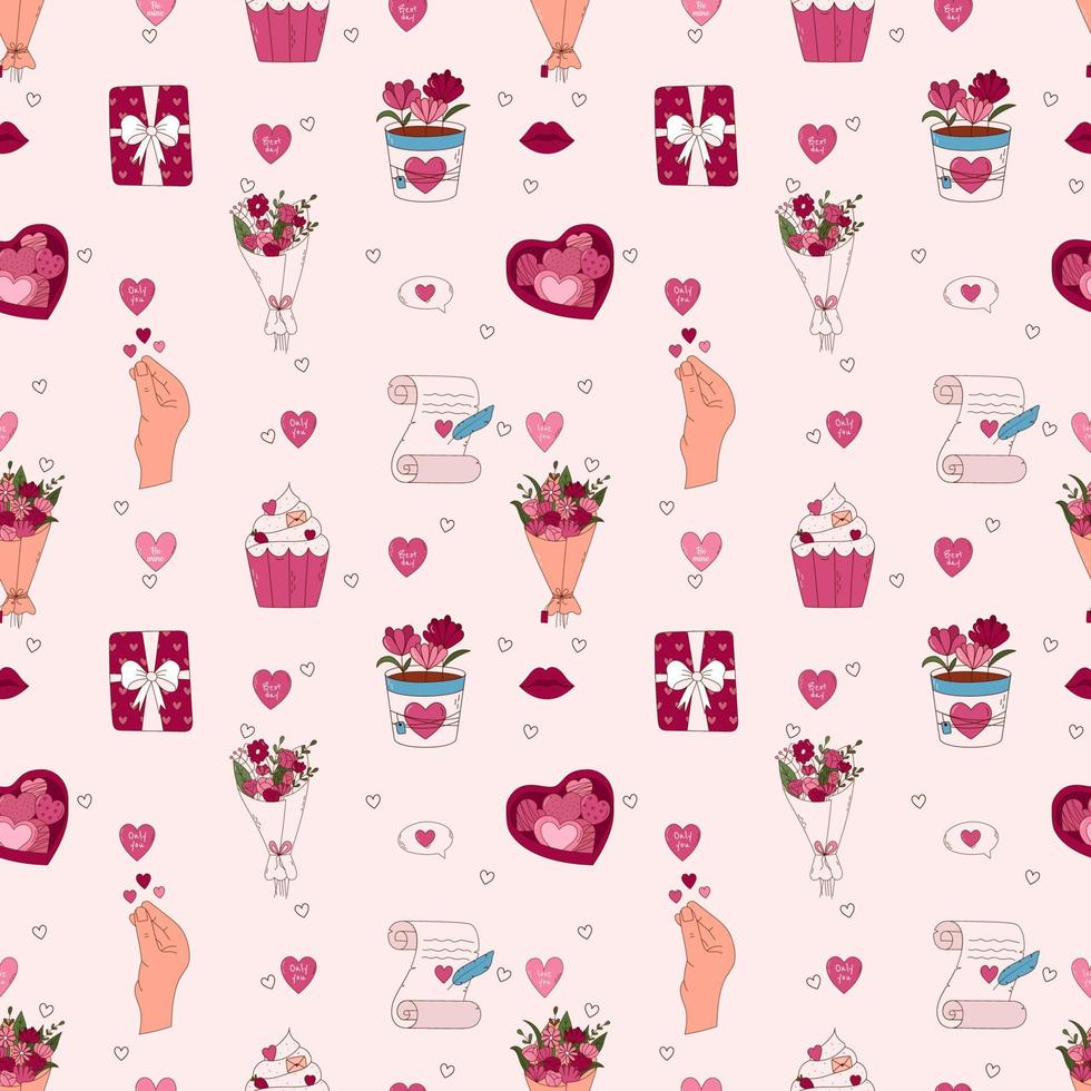 Valentine's Day Hand drawn seamless pattern. Letter, heart, cupcake, mug, puzzle and other elements. vector