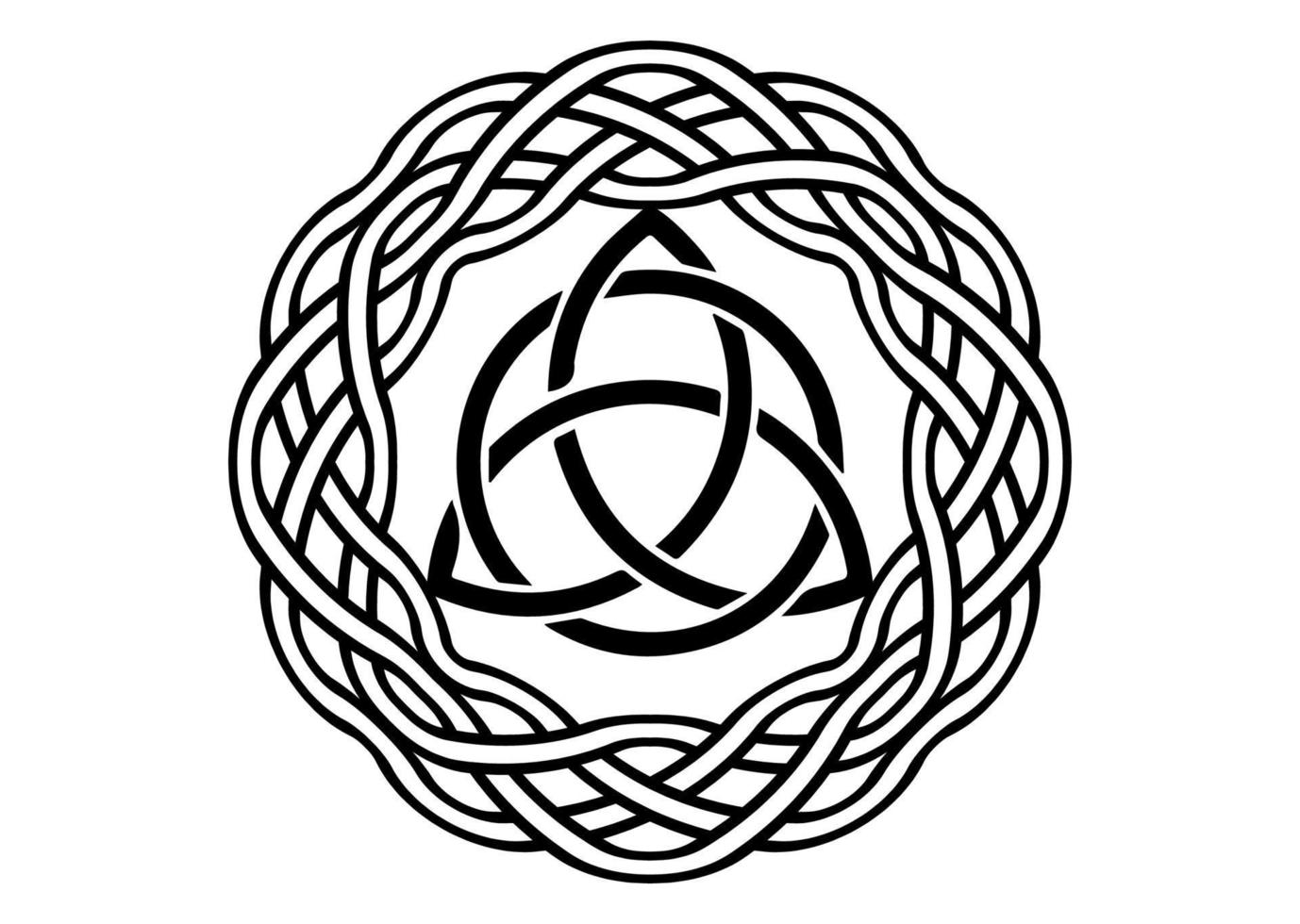 triquetra, nudo trinitario, símbolo wiccano de protección. conjunto de nudo de trinidad celta negro vectorial aislado sobre fondo blanco. símbolo de adivinación wiccan del círculo del logotipo, símbolos ocultos de tatuajes antiguos vector