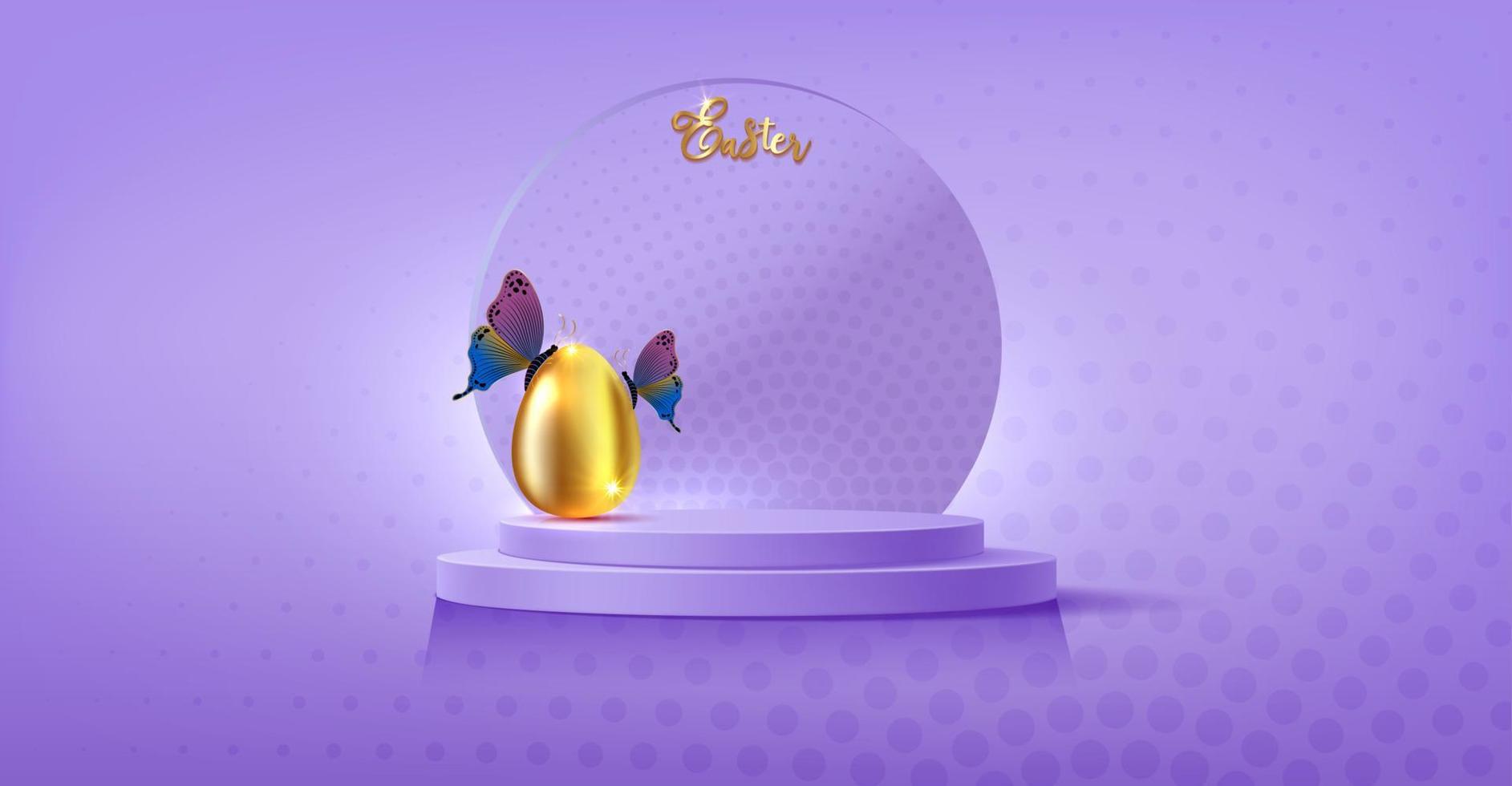 Easter banner for product demonstration. Round pedestal or podium with gold Easter egg and beautiful butterflies on purple background vector