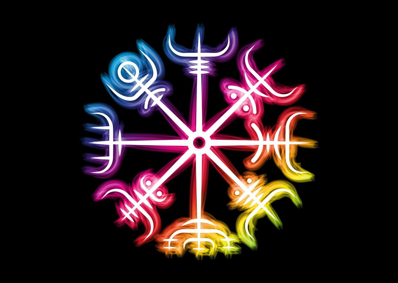 brújula pagana vikinga, rosa de los vientos vegvisir, brújula rúnica de navegación, mitología nórdica. talismán protector para los viajeros. navegante mágico para los errantes. colorido vector aislado fondo negro