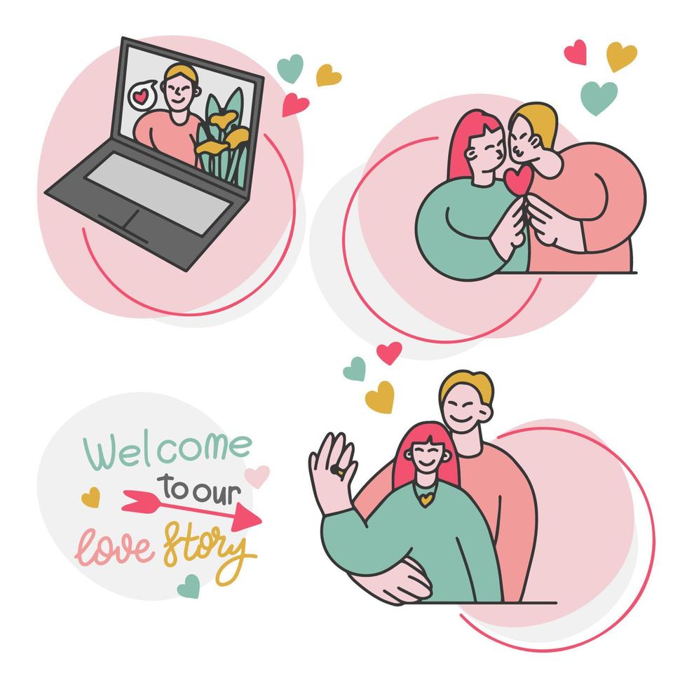bienvenido a nuestra historia de amor, historia de relación en línea, correspondencia, divertida ilustración de amor en garabato vector