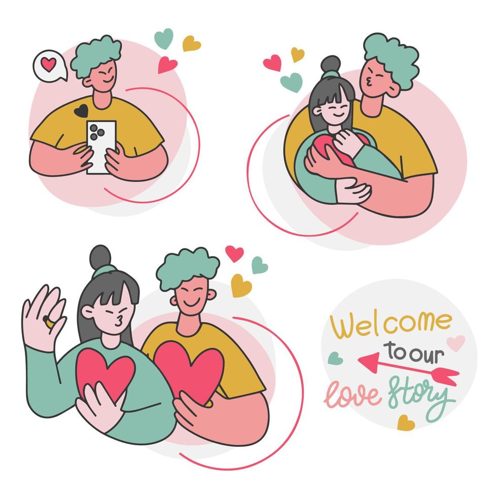 Welcome to our love story, cute doodle style romantic illustration, correspondence, online love vector