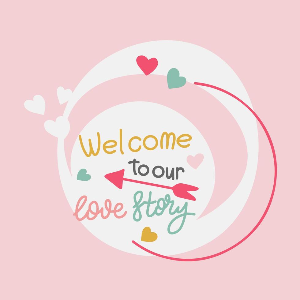 Welcome to our love story, handwritten lettering, decoration for a postcard vector