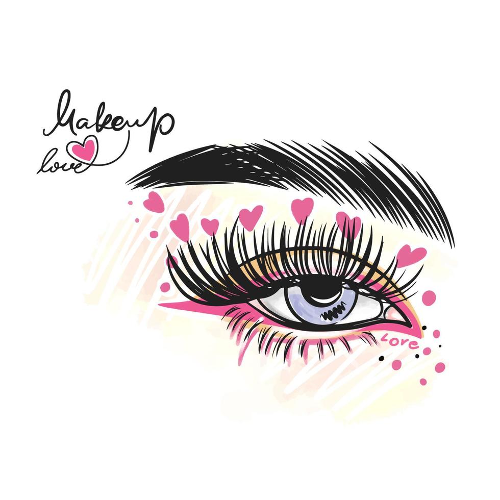 lindo maquillaje con corazones rosas, pestañas largas, amor por el maquillaje, moda vector