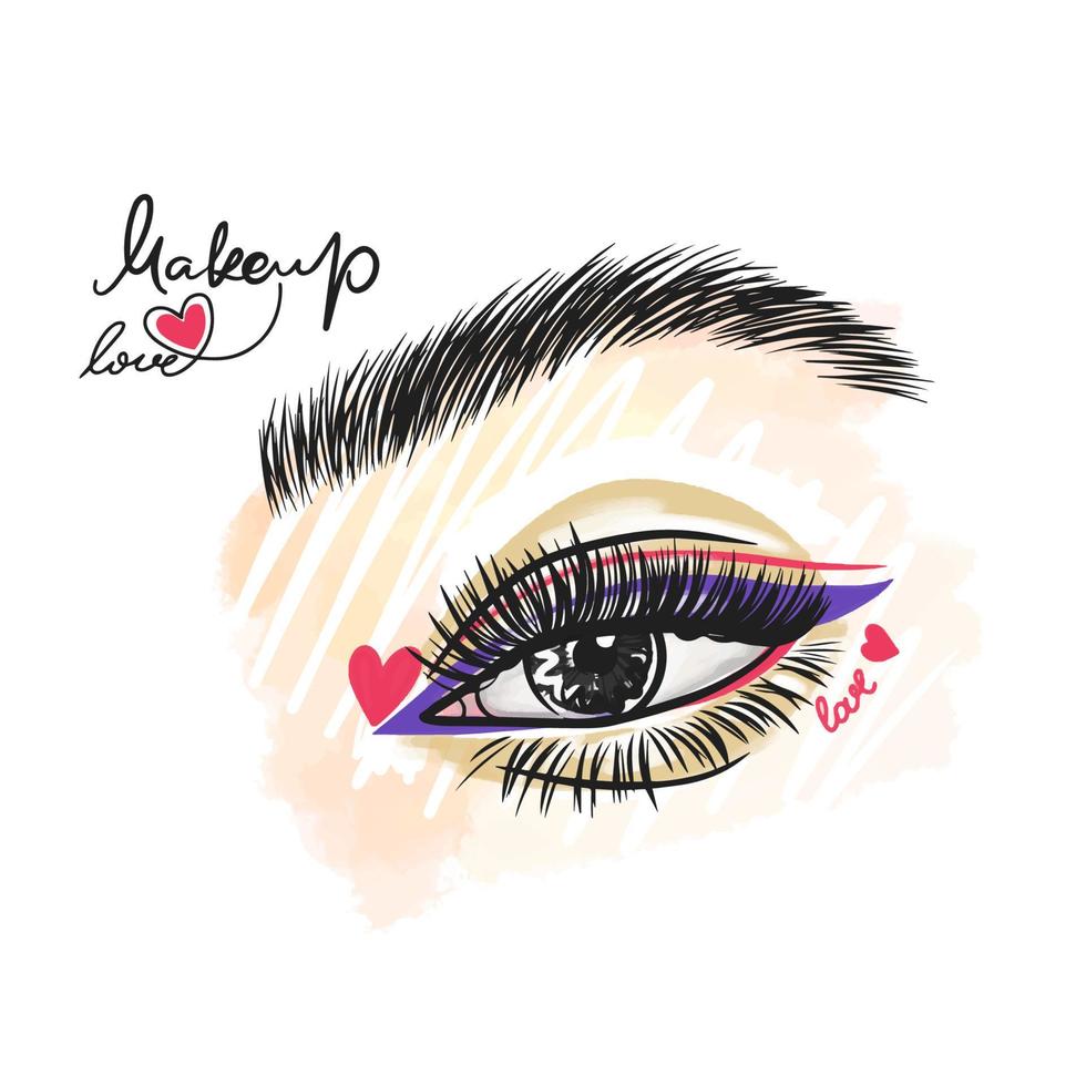 Eye with lush and long eyelashes, stylish makeup, love for makeup, fashion vector