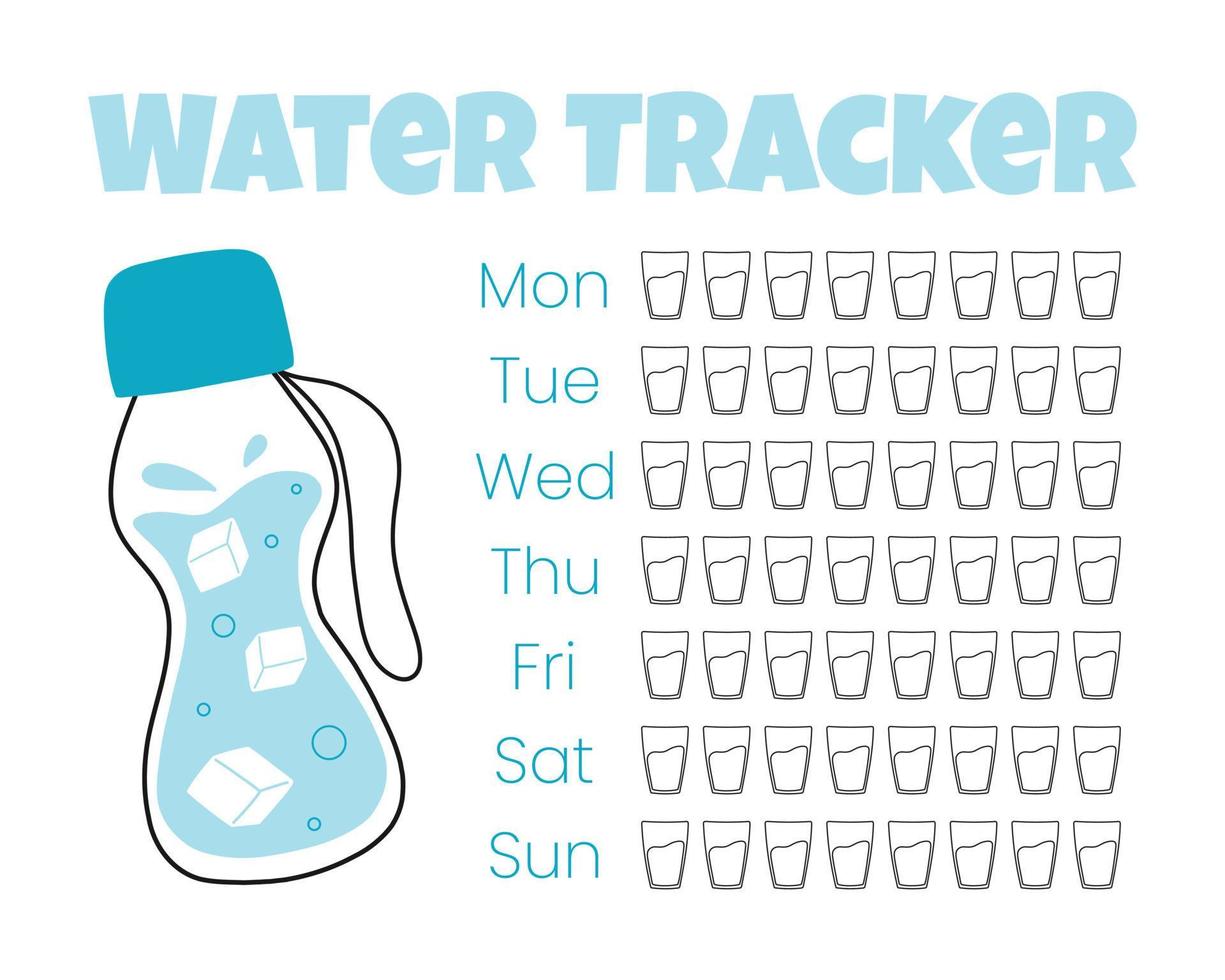 Water tracker vector template. . drinking water checklist. Water tracker with cool water bottle. vector illustration. Doodle style.