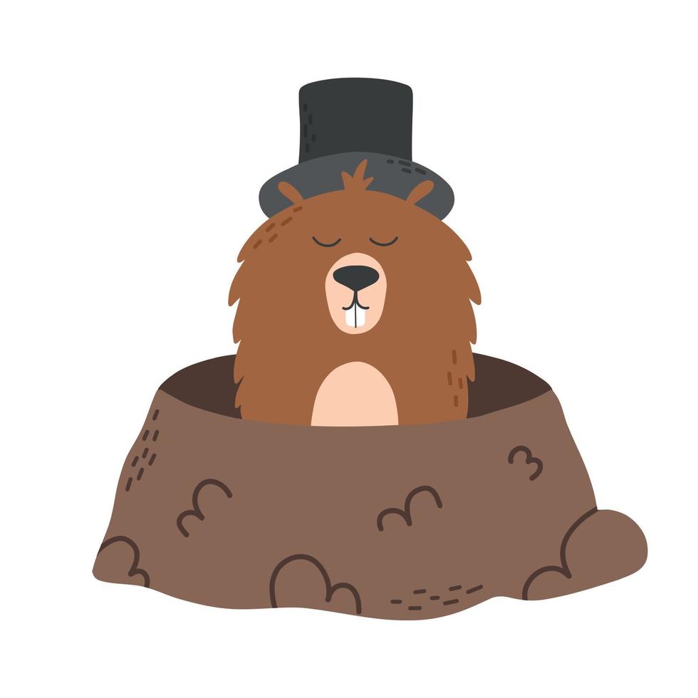 Groundhog Day. The groundhog got out of the hole. Vector illustration. Flat hand drawn style.