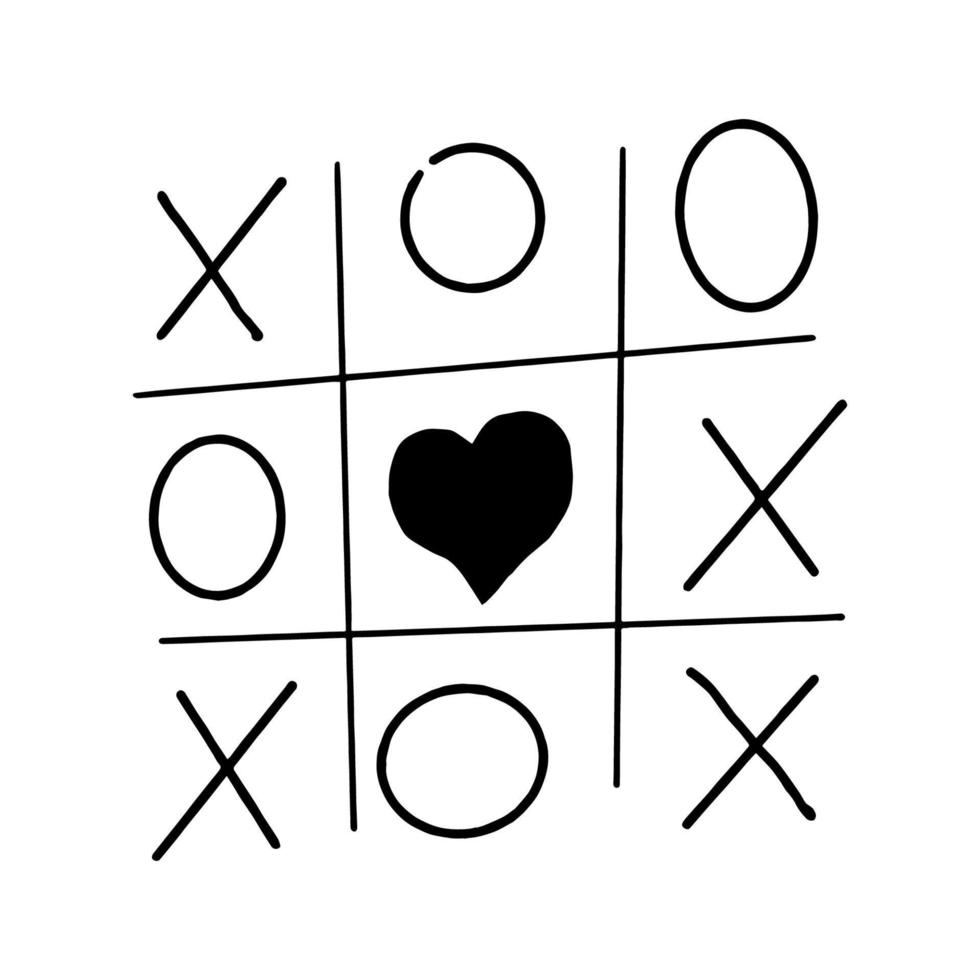 Tic tac toe doodle game with cross and circle sign, cute heart mark isolated on white background. . Vector illustration