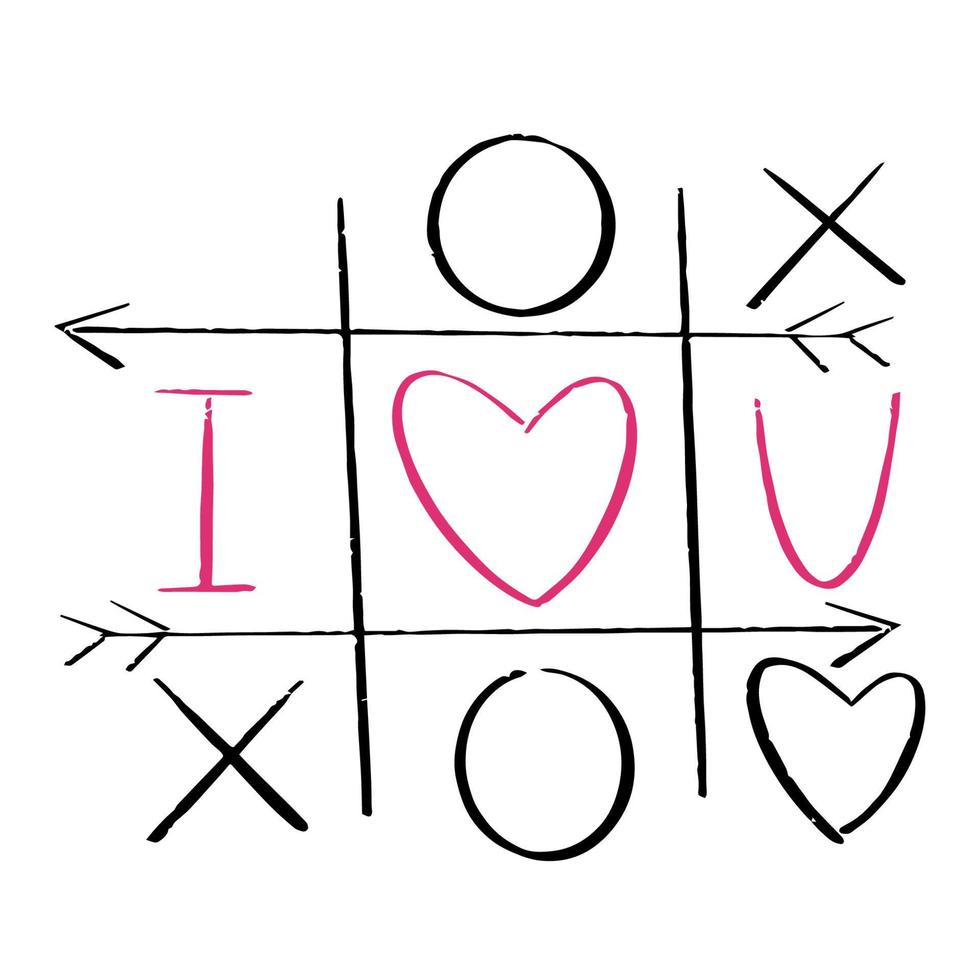 juego de garabatos de tic tac toe con signo de cruz y círculo, linda marca de corazón aislada en fondo blanco. . ilustración vectorial vector