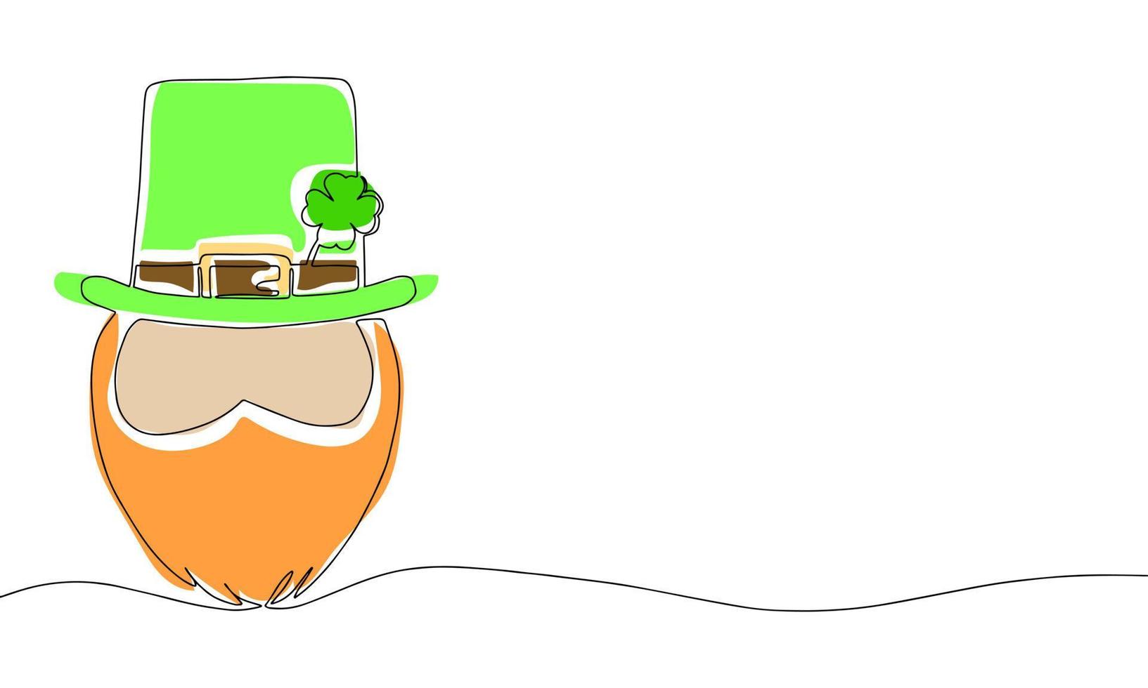 Leprechaun's face with hat. Line art illustration with color. Outline, one continuous vector illustration. St. Patrick's Day. 17 March. Good luck.