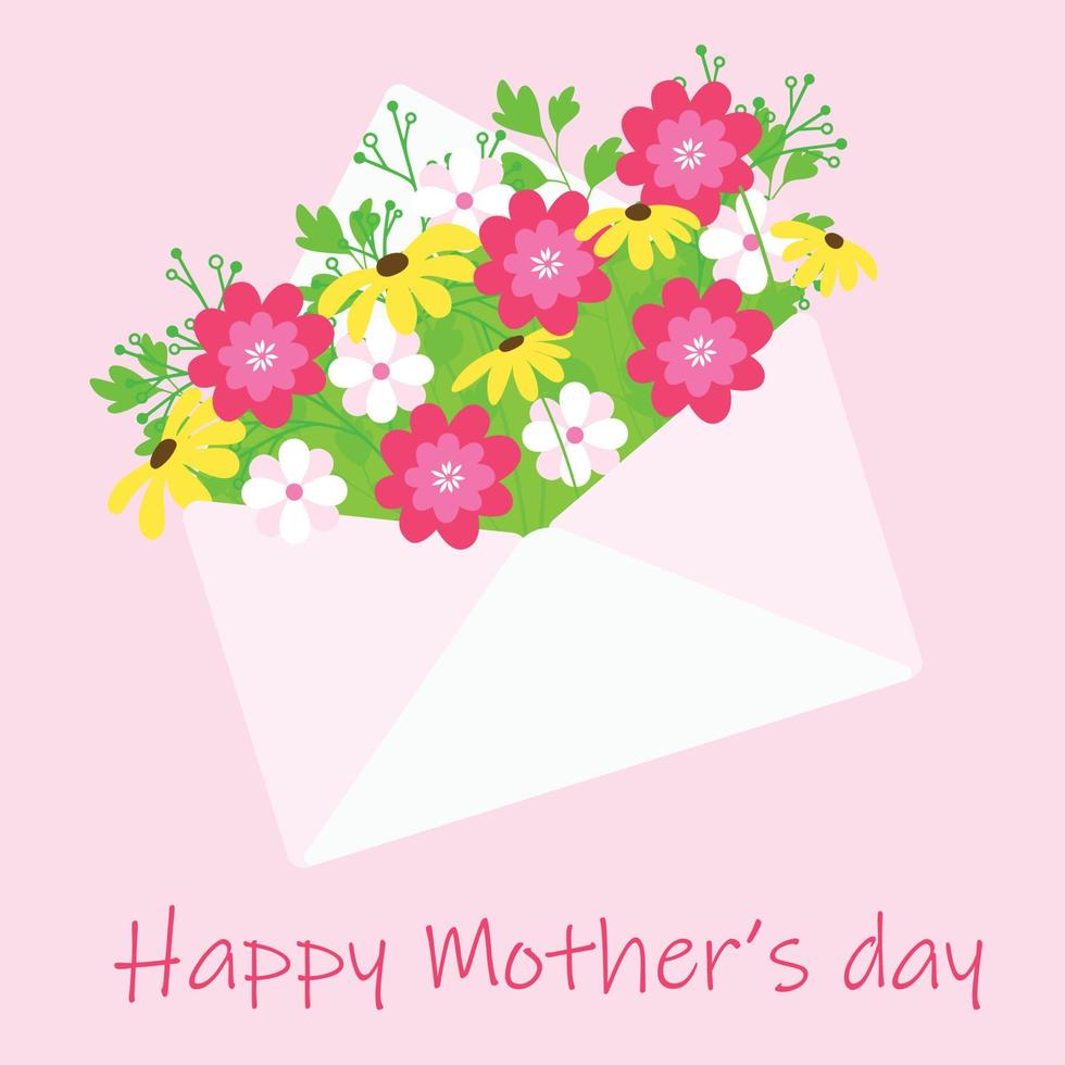 Square card for Mother's Day. Square banner with spring flower's bouquet in envelope. Vector illustration.