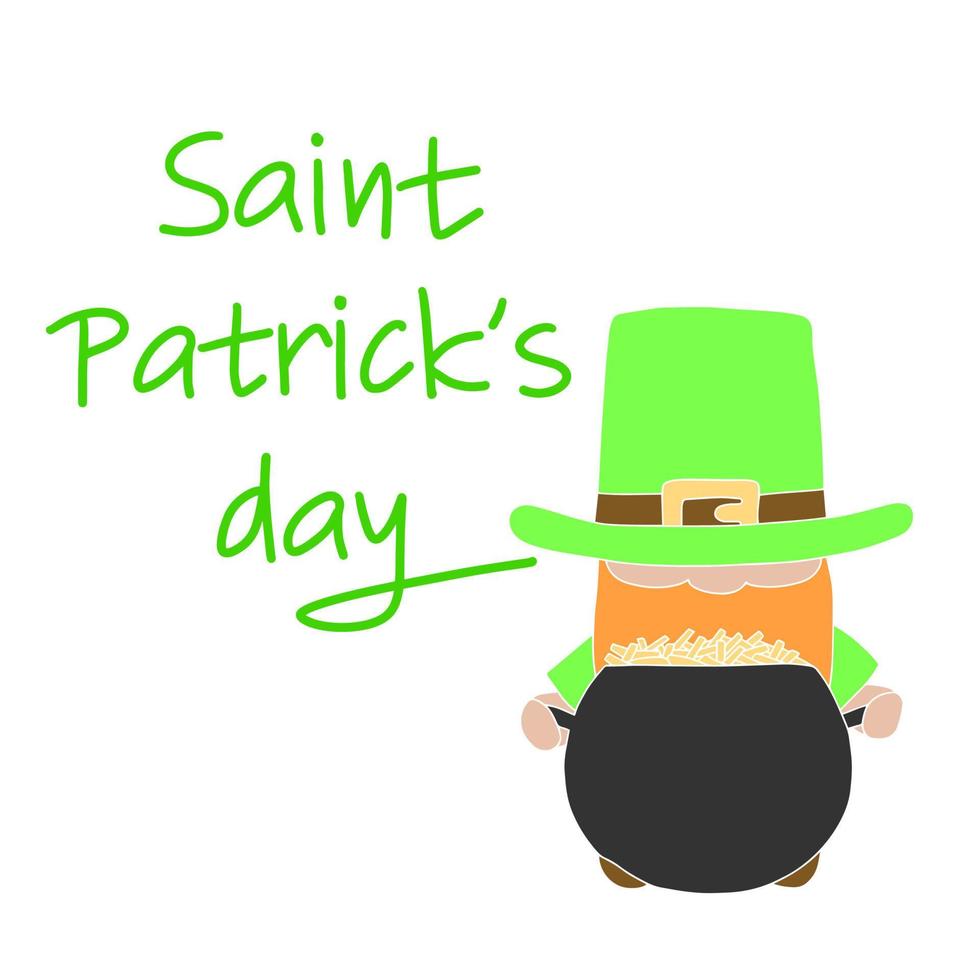 Saint Patrick's Day card. Square banner for St. Patrick's Day with leprechaun and cauldron and coins. Vector illustration.