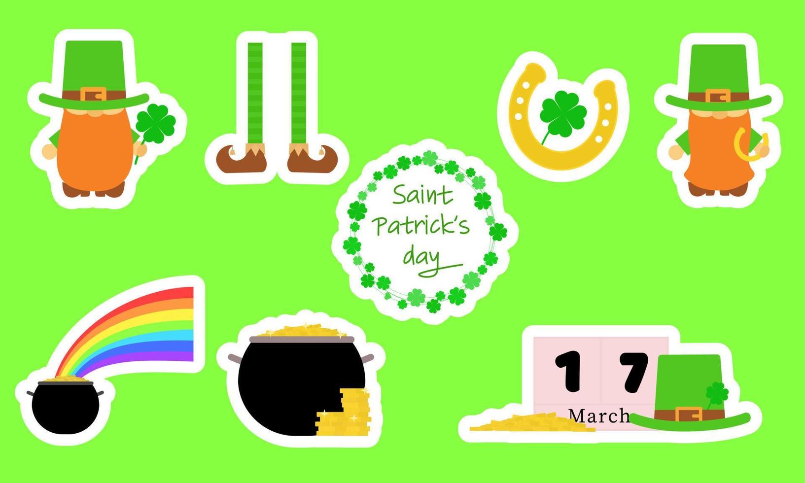 Set sticker for st. Patrick's Day.  Leprechaun, leg, horseshoe, shamrock, rainbow, cauldron with coins, calendar, hat. Vector illustration,