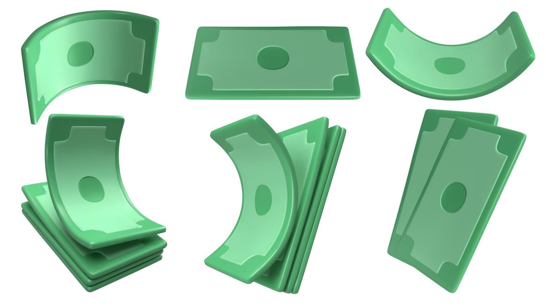 Realistic money set. Collection of 3D green dollars . Twisted paper bills and stack of currency banknotes. Vector