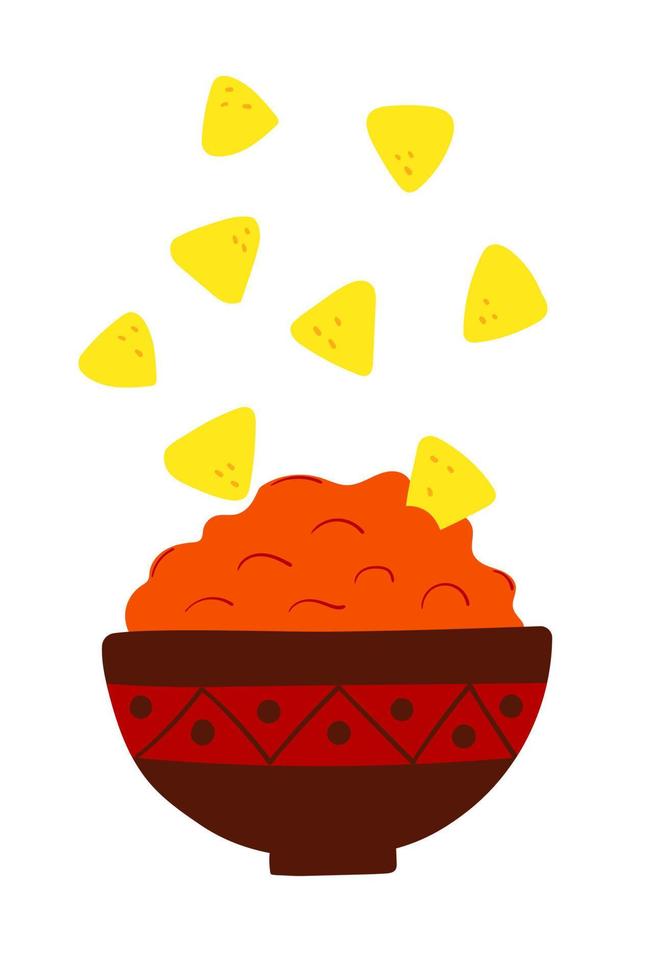 Nachos Chips With Sauce Salsa. Traditional Mexican Cuisine Food. Flat Vector Illustration