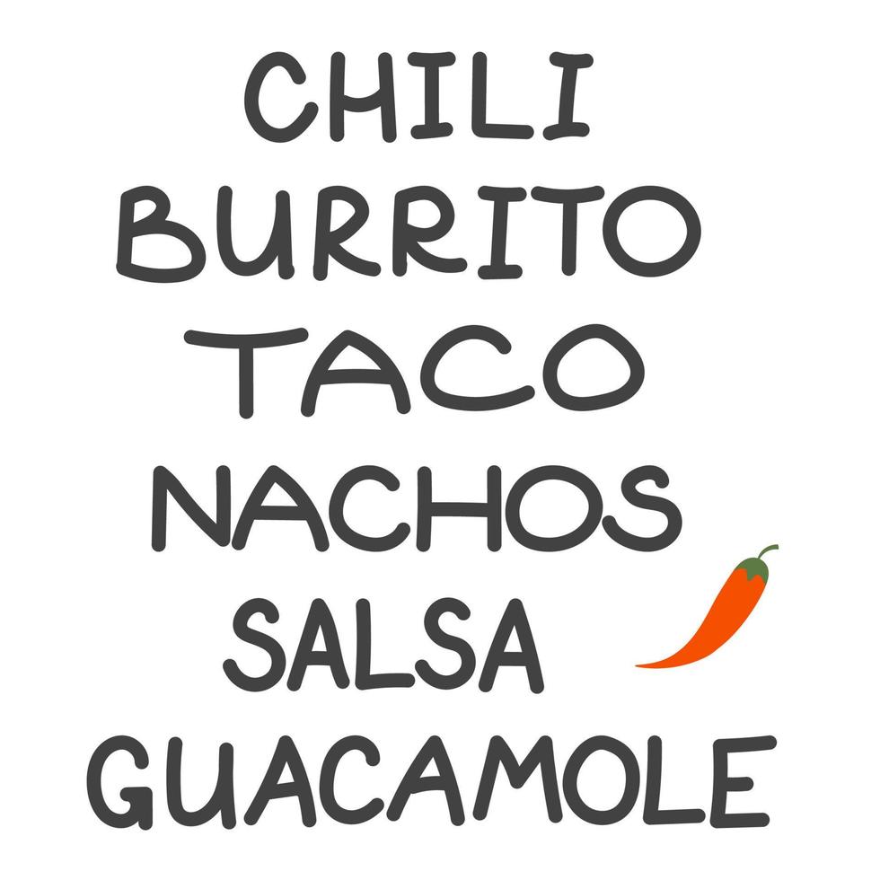 Mexican Menu lettering with traditional food names Guacamole, Salsa, Taco, Nachos, Chili, Burrito. Vector illustration