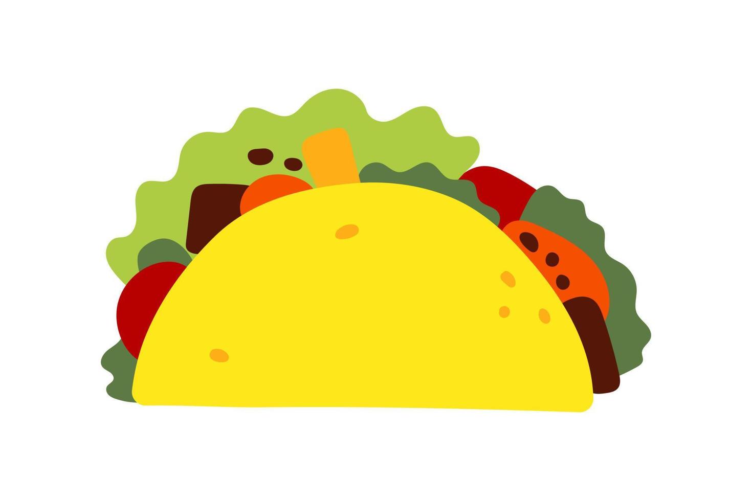 Mexican fast food Taco with meat, vegetable and tortilla. Vector illustration in flat style.