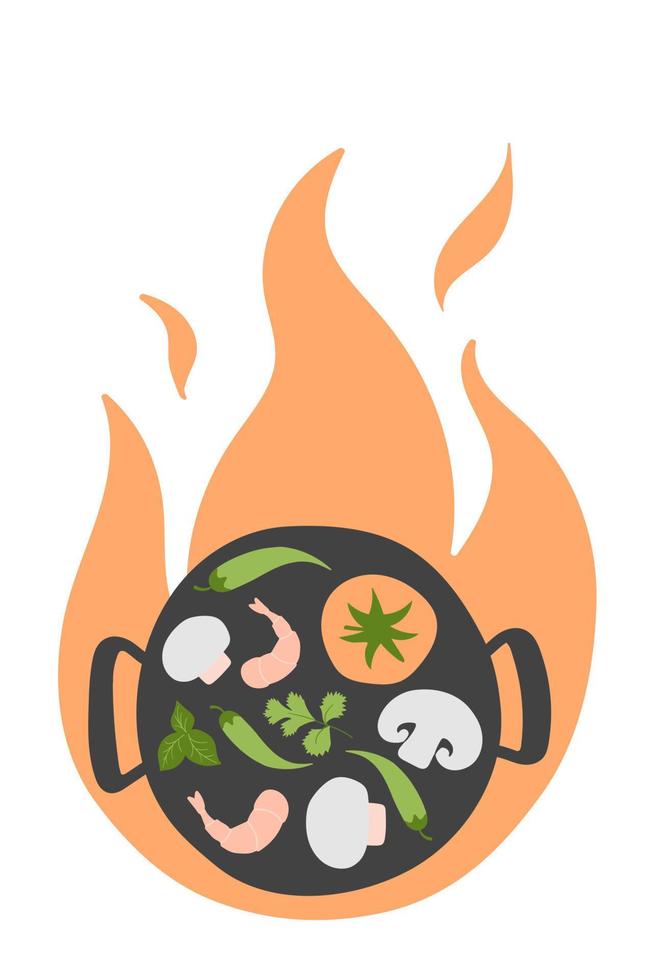 Ingredients for Wok pan with fire. vector doodle flat asian wok symbols set. Vegetables with seafood for menu design.