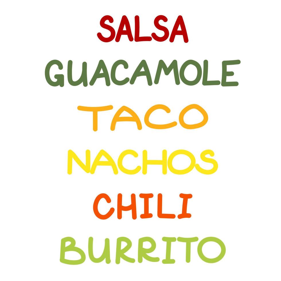 Mexican Menu lettering with traditional food names Guacamole, Salsa, Taco, Nachos, Chili, Burrito. Vector illustration