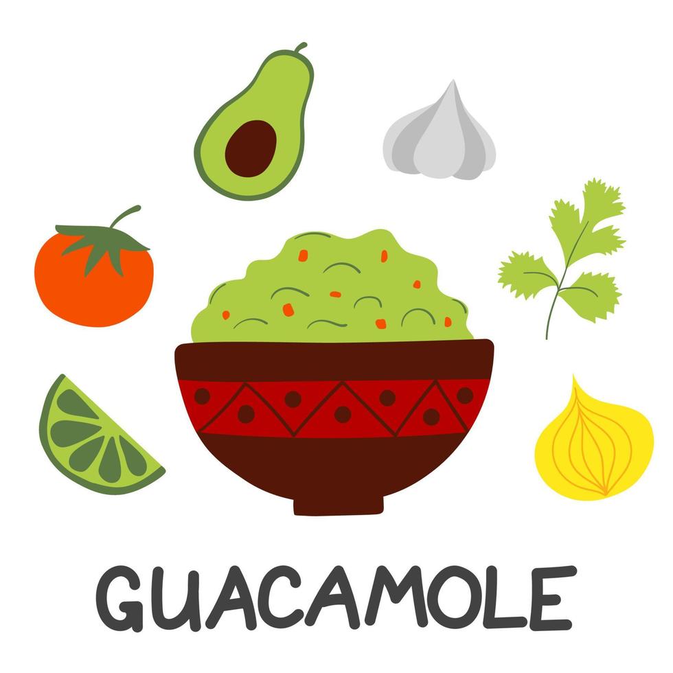 Mexican avocado sauce guacamole with fresh raw ingredients. Flat vector illustration