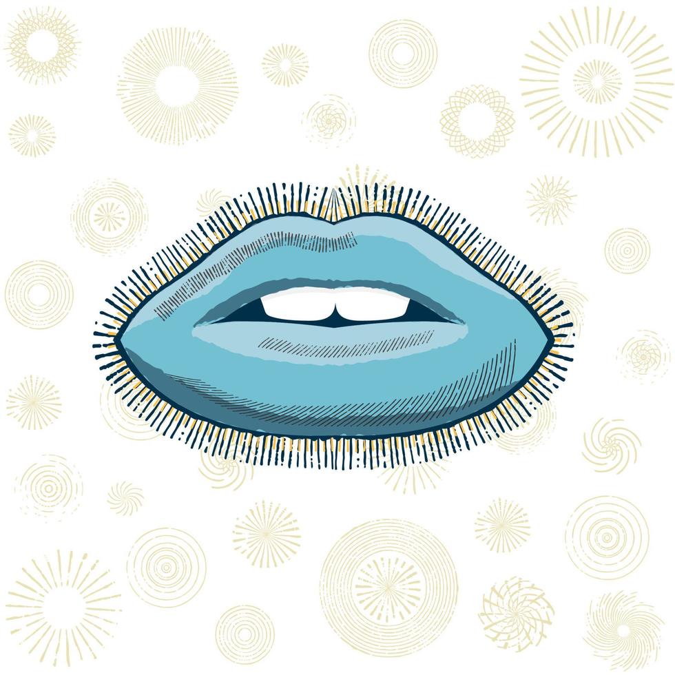 Blue lips with oriental gold colour shapes. Vector illustration.