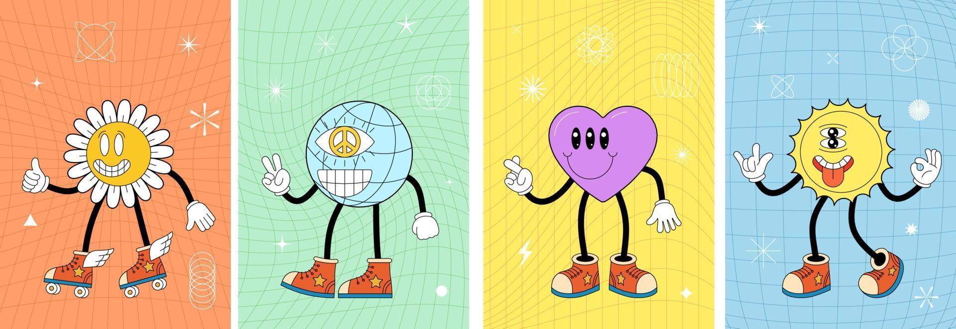 Retro groovy art poster set with characters. Sun, earth, flower and heart weird mascots on crazy vintage hippy banners. Psychedelic hippie style abstract collection. Trendy y2k pop culture eps design vector